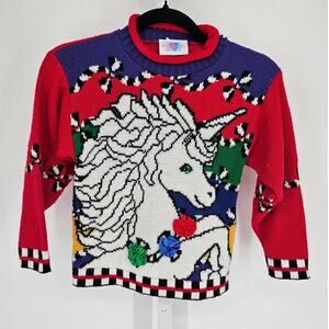 Vintage 1980s Heartworks Girls Sz S Knit Sweater Unicorn w/ Rhinestone & Bows